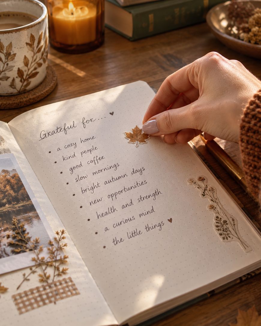 A hand adds a leaf sticker to an open gratitude journal listing things to be grateful for, surrounded by autumn decor, a candle, dried flowers, and a warm drink on a wooden table.