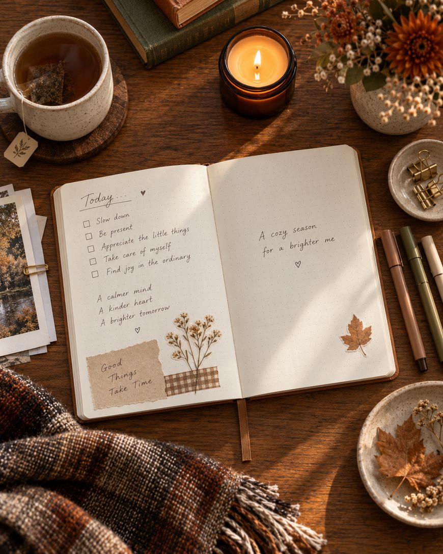 A cozy journal spread with a checklist, autumnal decorations, pens, tea, a lit candle, dried flowers, and a plaid blanket on a wooden table, creating a warm and inviting atmosphere for reflection and planning.