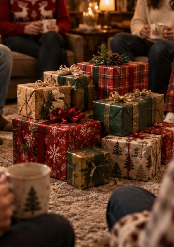People sit in a cozy, warmly lit room holding mugs, surrounding a pile of wrapped Christmas presents decorated with festive patterns like trees and snowflakes, set on a soft, textured rug.