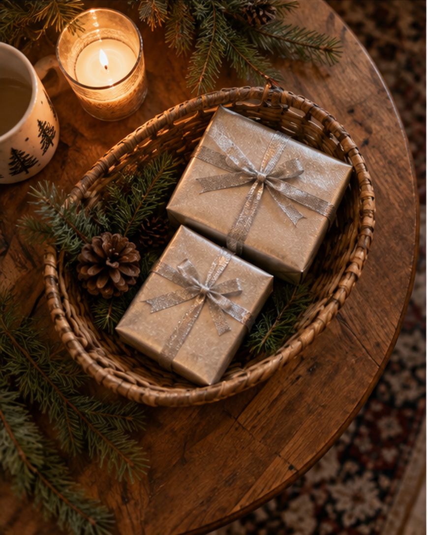 A wicker basket with evergreen sprigs, pinecones, and two silver-wrapped gifts sits on a wooden table beside a lit candle and a mug with tree designs.