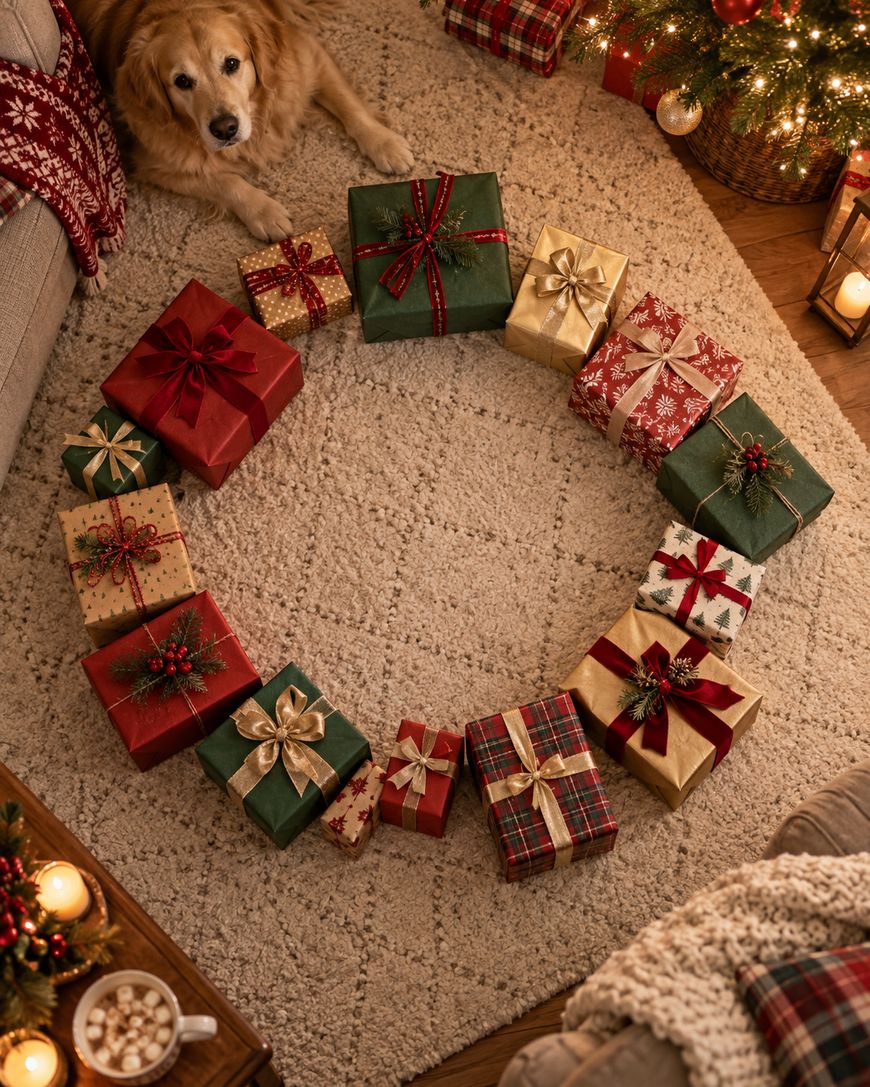 A golden retriever lies on a carpet next to a circle of wrapped Christmas gifts in festive colors, near a decorated tree, presents, candles, and a cozy holiday setting.