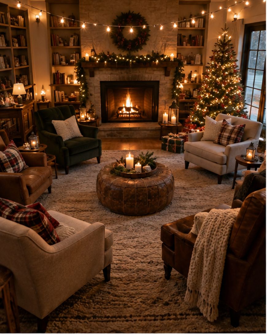 Cozy living room with a lit fireplace, decorated Christmas tree, garlands, and string lights. Four armchairs and candles create a warm, inviting holiday atmosphere. A round ottoman sits on a textured rug in the center.
