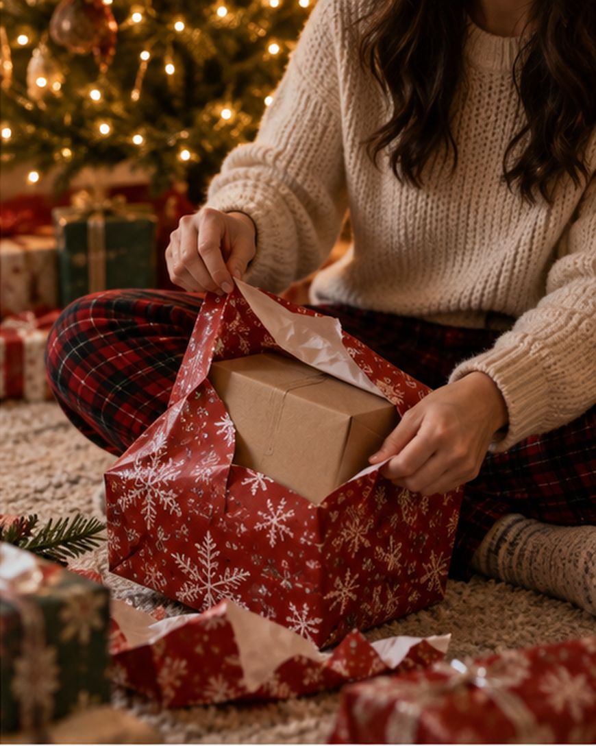 A person in a cream sweater and plaid pants opens a gift wrapped in red snowflake paper while sitting on a carpet near a Christmas tree and more wrapped presents.
