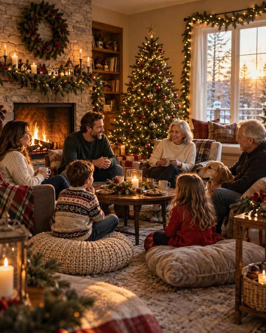 A family sits together in a cozy living room decorated for Christmas, with a lit tree, glowing fireplace, and candles. Children, adults, and a dog smile and talk, surrounded by warm festive lights.