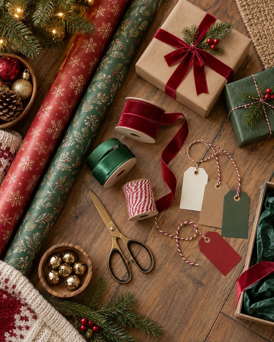 Gift wrapping supplies on a wooden floor, including red and green wrapping paper, ribbons, scissors, blank tags, gold ornaments, and wrapped presents decorated with bows and greenery. A Christmas sweater and tree are partially visible.