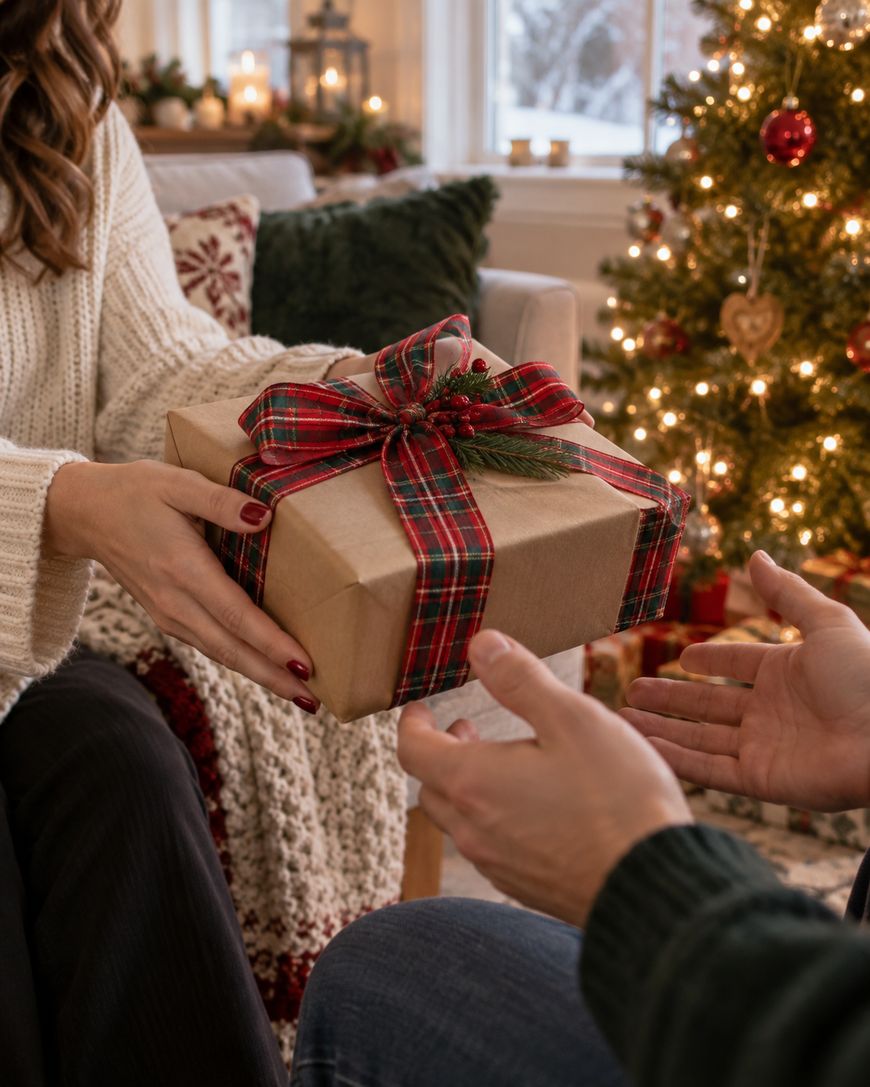 A person hands a gift wrapped in brown paper with a red plaid ribbon to another person. A decorated Christmas tree and cozy holiday decor are visible in the background.