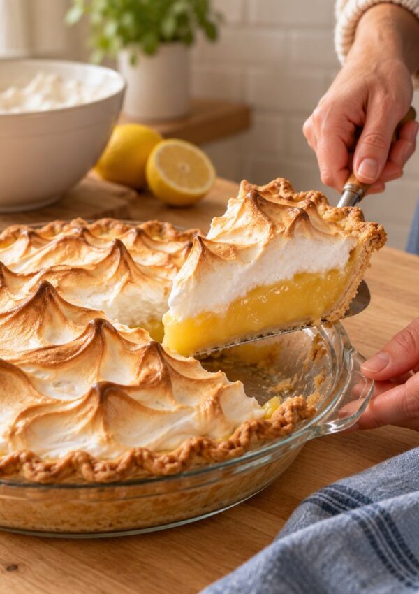 A hand lifts a slice of lemon meringue pie with golden peaks from a glass pie dish. A bowl of whipped topping, a halved lemon, and a plant are in the background on a wooden table.