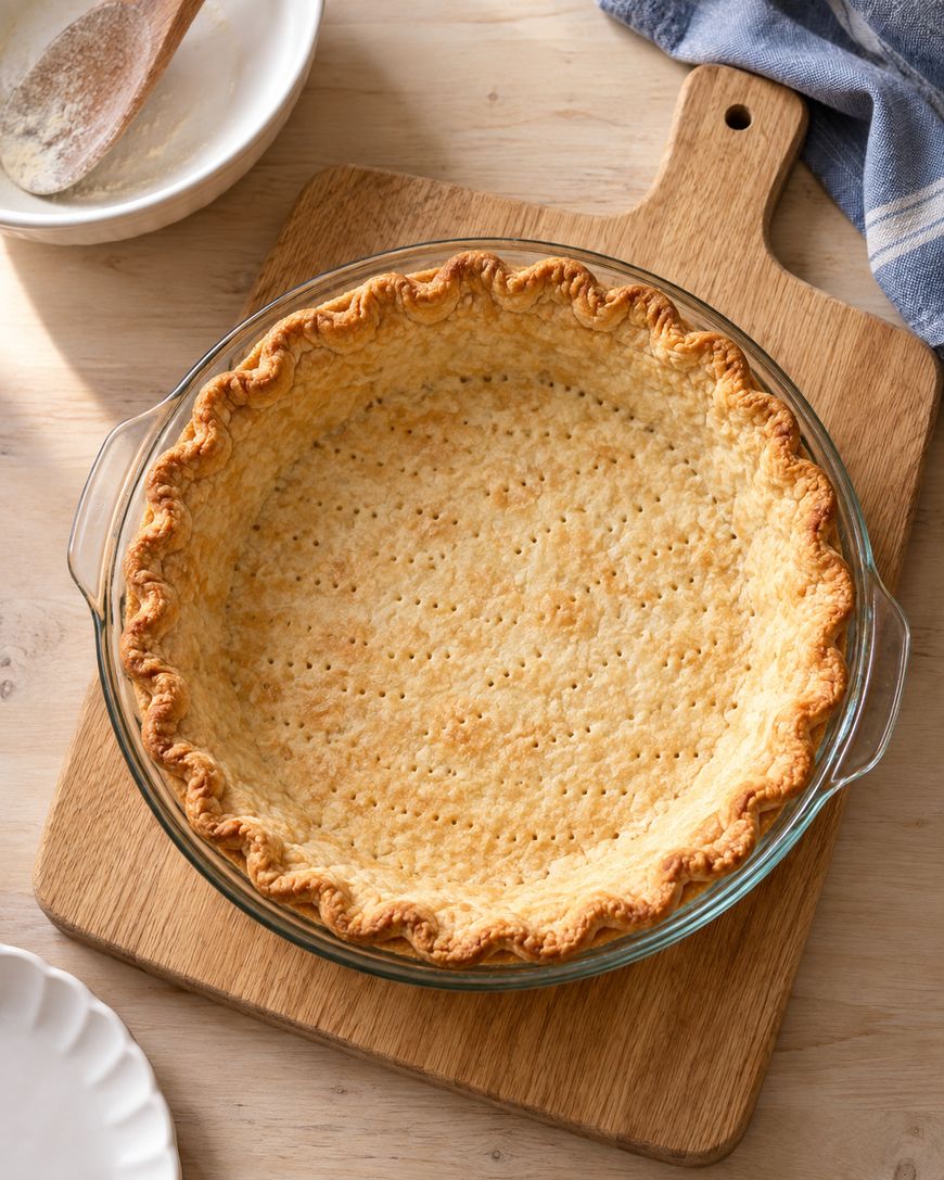 A baked, empty pie crust with fluted edges sits in a glass pie dish on a wooden cutting board. A blue towel, a wooden spoon, and a white dish are nearby on a light wooden table.