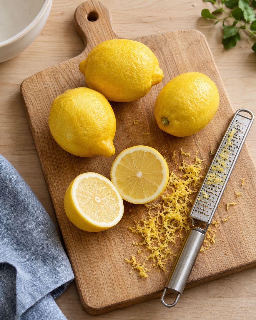 Three whole lemons, one lemon halved, lemon zest, and a metal zester on a wooden cutting board, with a blue cloth and green leaves nearby.