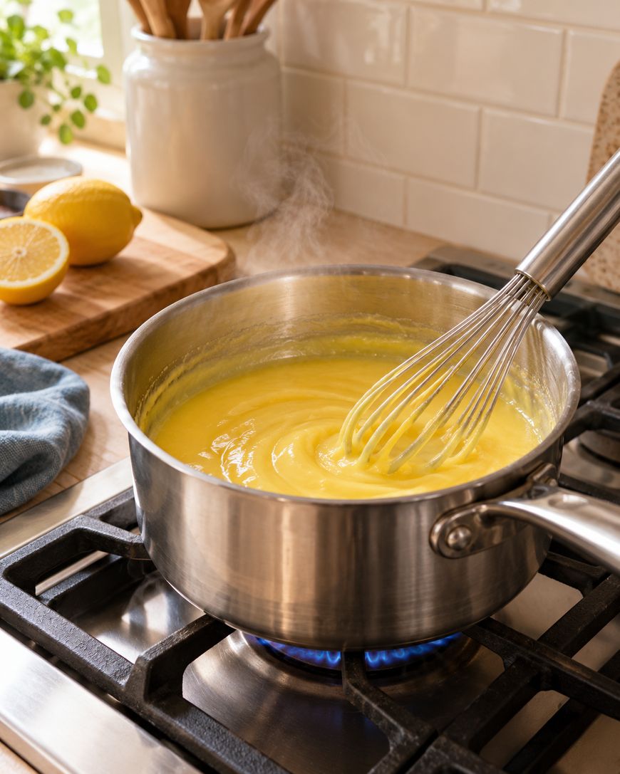 A whisk stirs thick yellow custard in a saucepan on a stove. Lemons, a blue towel, and a wooden cutting board are on the counter in a bright kitchen. Steam rises from the pot.
