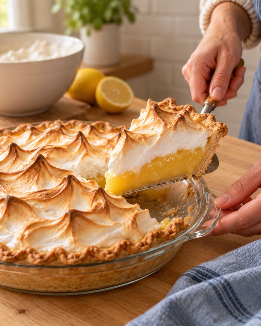 A hand lifts a slice of lemon meringue pie with golden peaks from a glass pie dish on a wooden table. A bowl, lemons, and a blue cloth are in the background.
