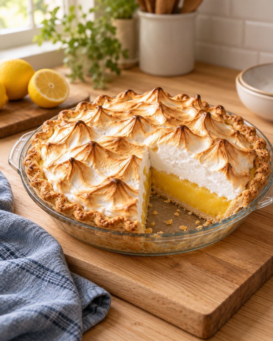 A lemon meringue pie with a slice missing, showing a yellow lemon filling and fluffy toasted meringue peaks, sits on a wooden surface beside a blue cloth and fresh lemons.
