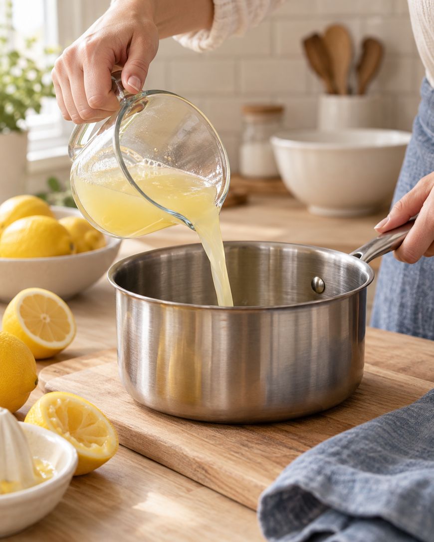 A person pours fresh lemon juice from a glass measuring cup into a stainless steel pot on a wooden cutting board, with lemons and a juicer nearby.