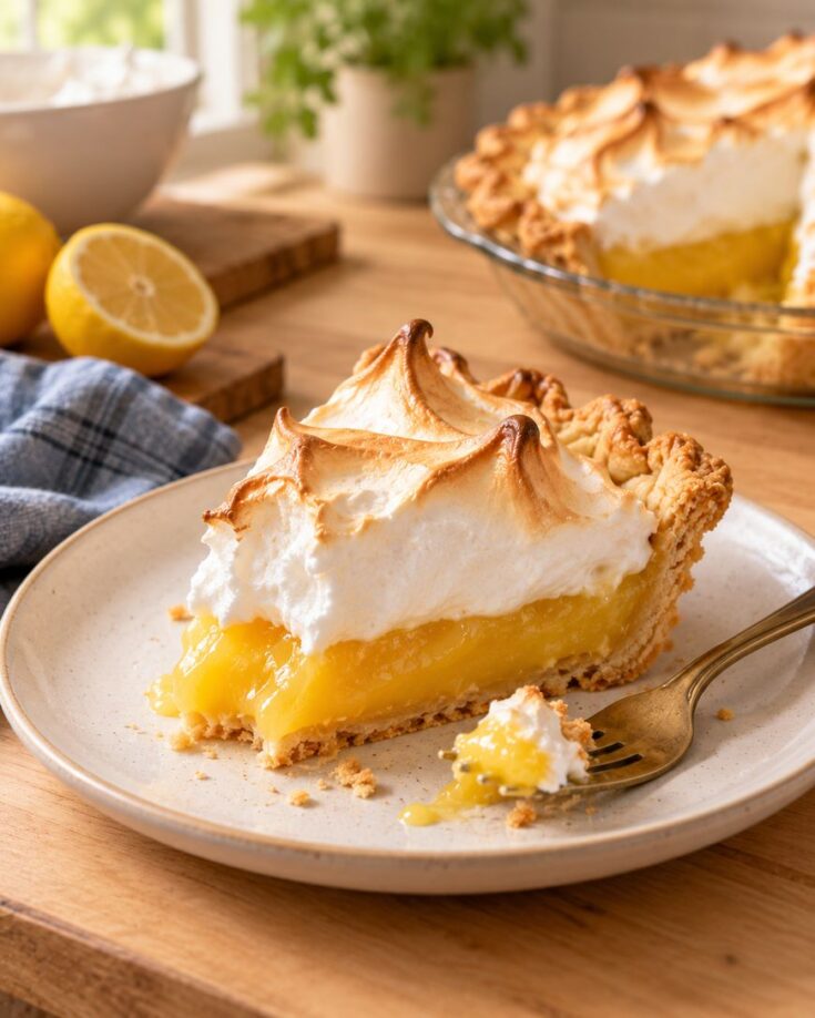 A slice of lemon meringue pie with a golden crust and fluffy, toasted meringue sits on a plate with a fork. The rest of the pie and fresh lemons are visible in the background.