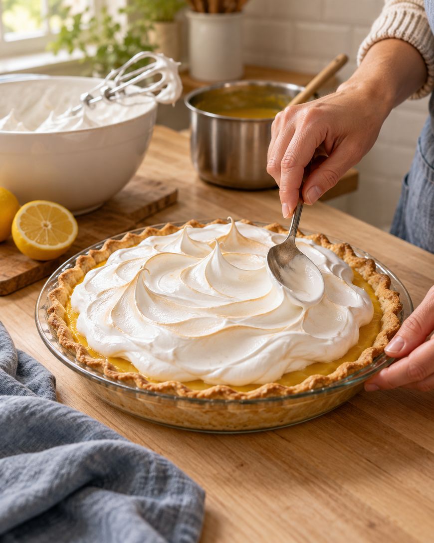 A person spreads fluffy meringue over a lemon pie with a spoon on a wooden kitchen counter. Ingredients and utensils are visible in the background.