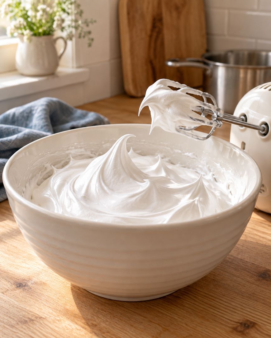 A large white bowl filled with fluffy, whipped meringue sits on a wooden counter. An electric mixer with beaters coated in meringue rests above the bowl. Sunlight streams through a window in the background.