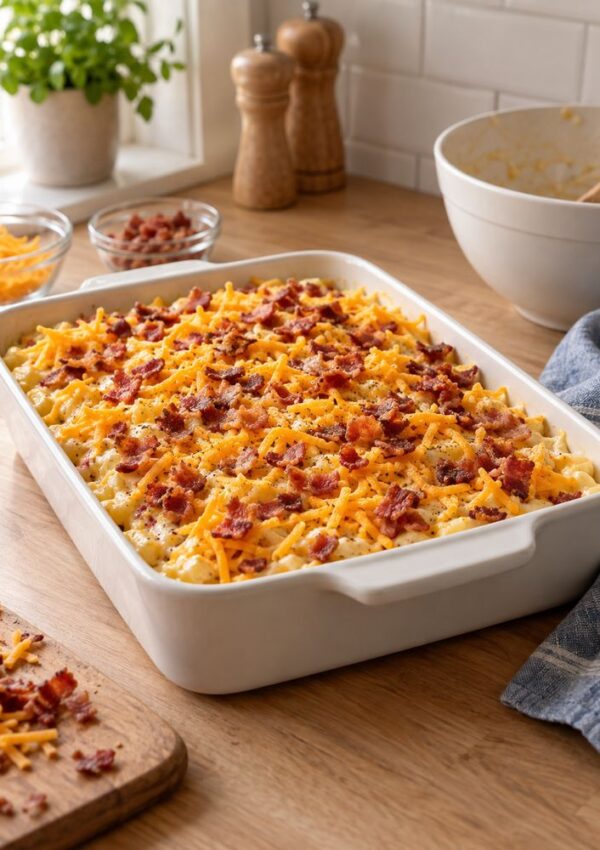A casserole dish filled with macaroni and cheese topped with shredded cheddar and bacon bits sits on a wooden counter, surrounded by bowls of ingredients and kitchen items.