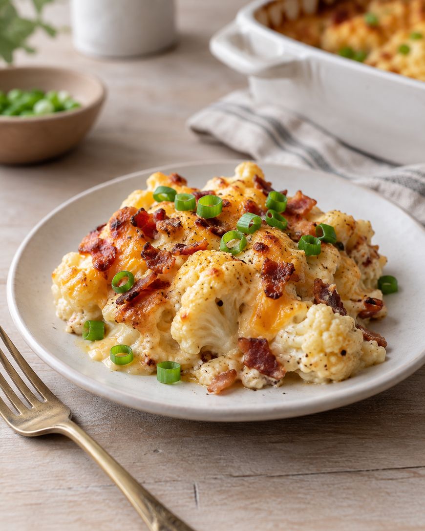 A plate of cheesy cauliflower casserole topped with crispy bacon bits and chopped green onions, with a fork beside the plate and a baking dish in the background.