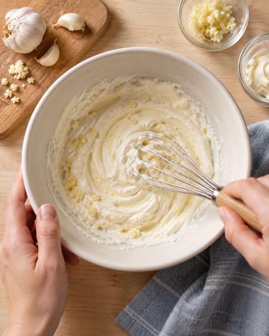 A person whisks a creamy garlic mixture in a white bowl, with minced garlic, whole garlic, and a blue towel nearby on a wooden surface.