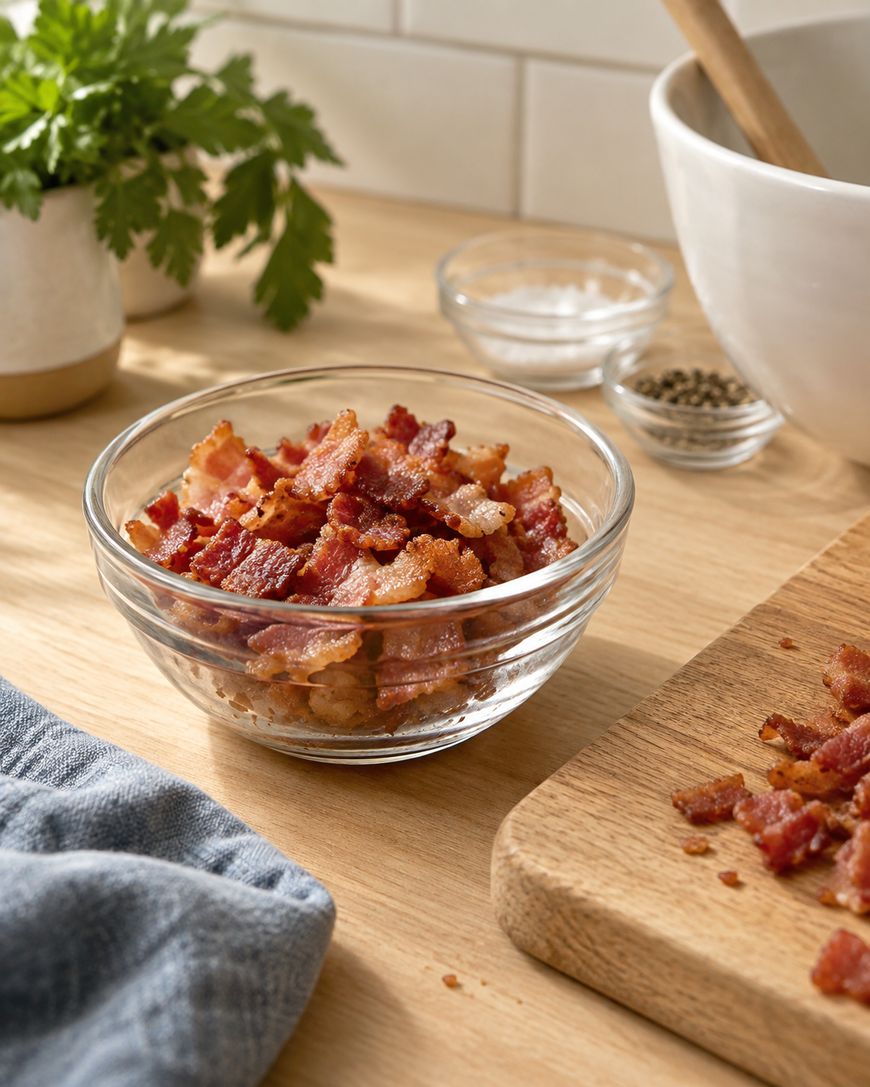 A glass bowl filled with crispy cooked bacon pieces sits on a wooden countertop next to a cutting board, a cloth, a white bowl, and fresh parsley.