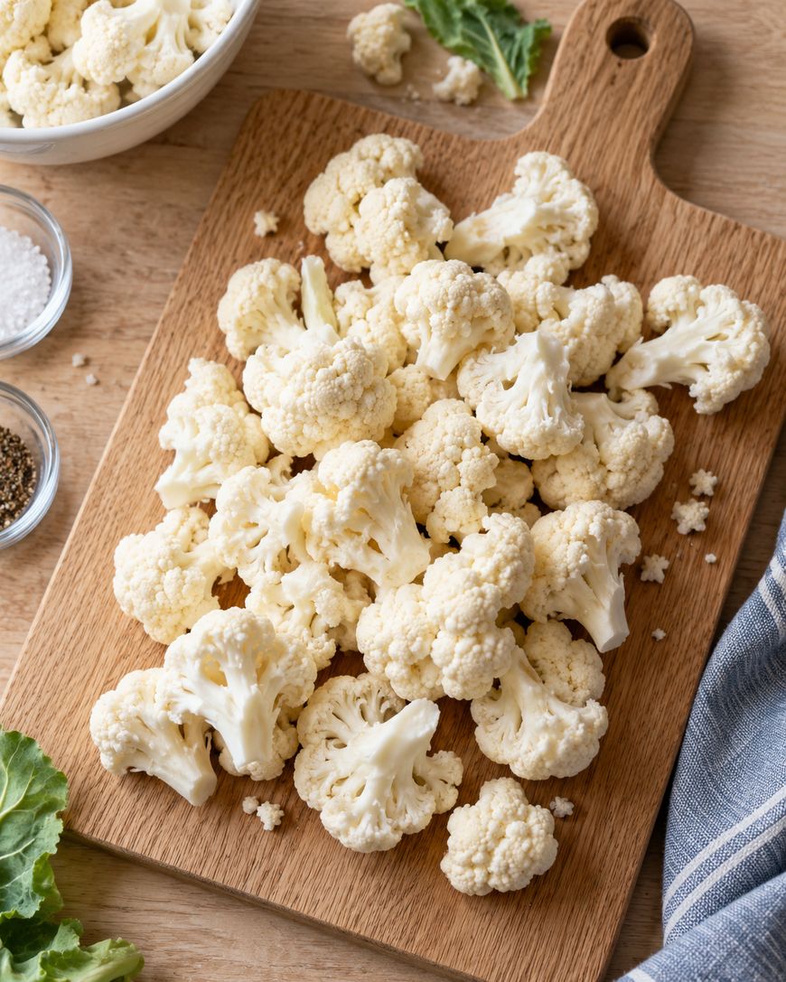 Fresh cauliflower florets are spread on a wooden cutting board, with bowls of salt and pepper nearby, and some loose leaves and florets on a wooden surface.