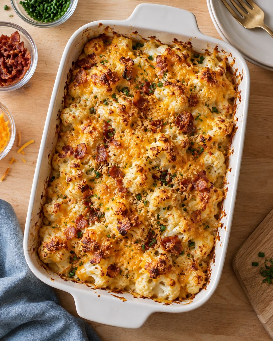 A baked cauliflower casserole topped with melted cheese, crispy bacon bits, and chopped chives, served in a white dish on a wooden table with plates, forks, and small bowls of toppings nearby.