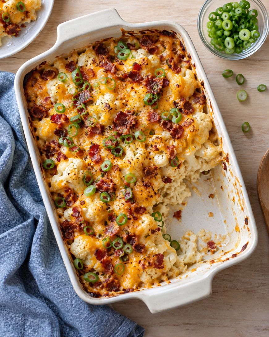 A casserole dish filled with baked cheesy cauliflower, topped with chopped bacon and green onions. A portion has been served, revealing the creamy interior. A bowl of green onions and a blue napkin sit nearby.