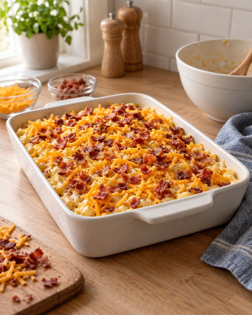 A casserole dish filled with macaroni and cheese topped with shredded cheddar and bacon sits on a wooden table. Bowls of cheese and bacon, salt and pepper shakers, and a mixing bowl are nearby.