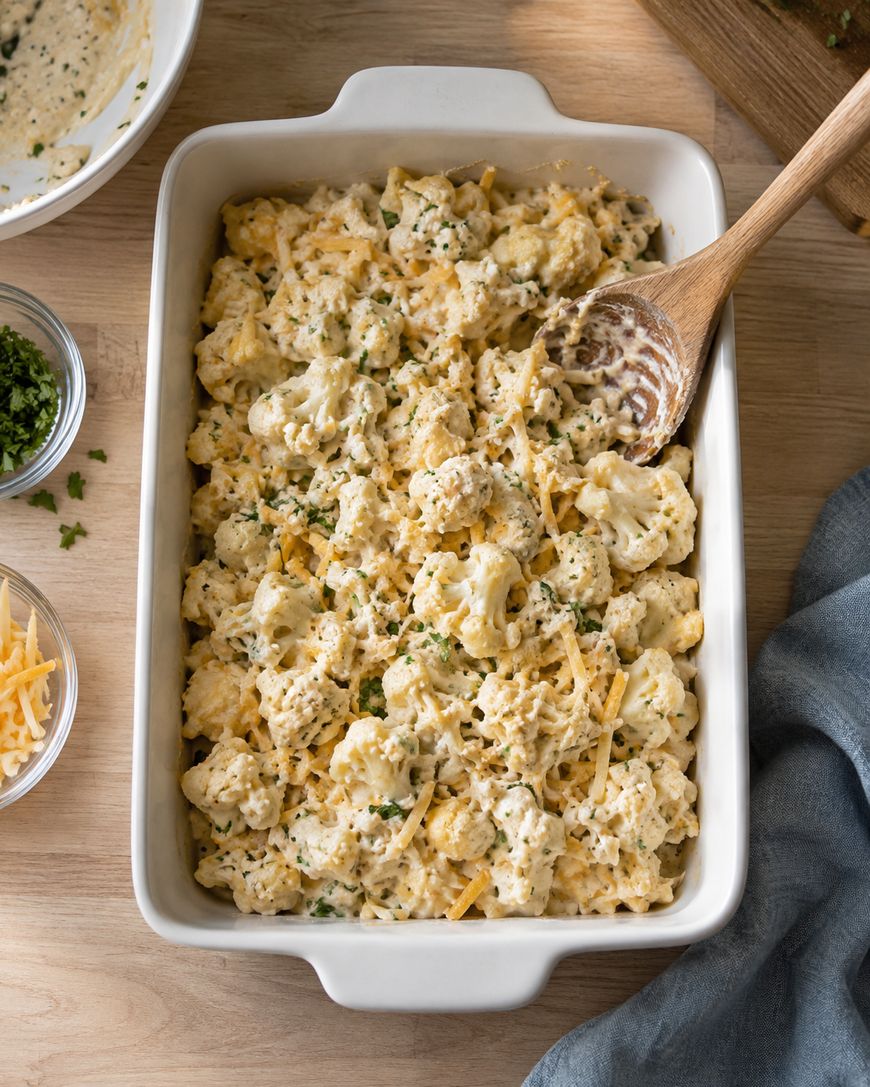 A white baking dish filled with cheesy cauliflower casserole, garnished with chopped herbs, sits on a wooden table with a wooden spoon and bowls of cheese and parsley nearby.