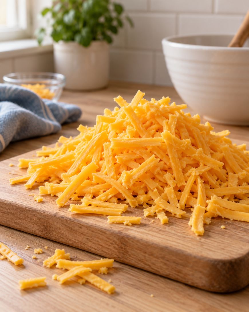 A pile of shredded cheddar cheese sits on a wooden cutting board in a kitchen, with a white bowl, a towel, and a potted plant in the background.