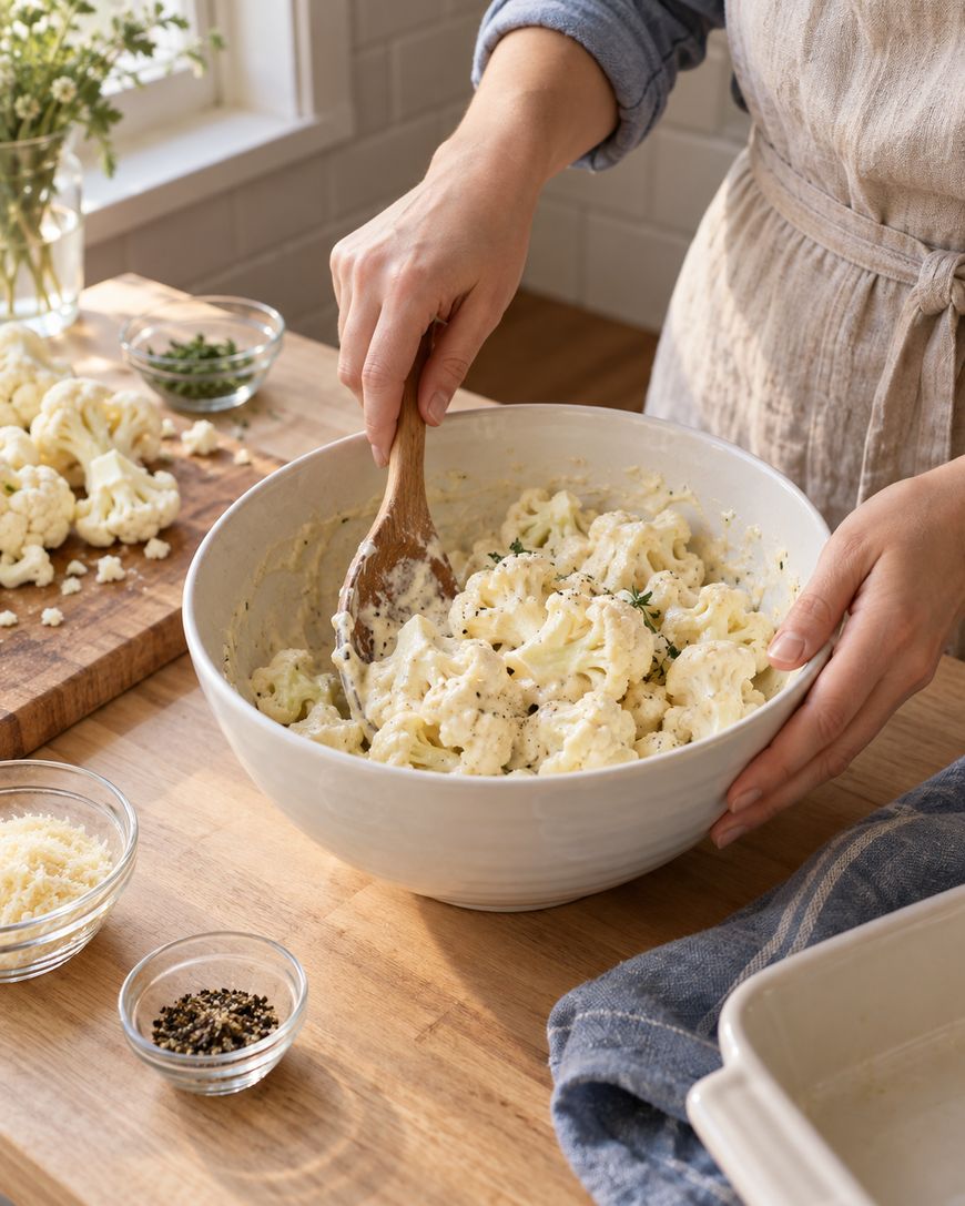 A person mixes cauliflower florets with a creamy sauce in a white bowl on a wooden countertop, surrounded by small bowls of ingredients and chopped herbs.
