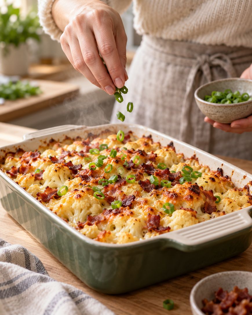 A person sprinkles chopped green onions over a freshly baked casserole topped with melted cheese and bacon in a green baking dish on a wooden table.