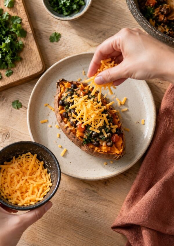 A hand sprinkles shredded cheddar cheese onto a stuffed sweet potato on a white plate, with a brown napkin, fork, and bowls of cheese and herbs nearby on a wooden table.