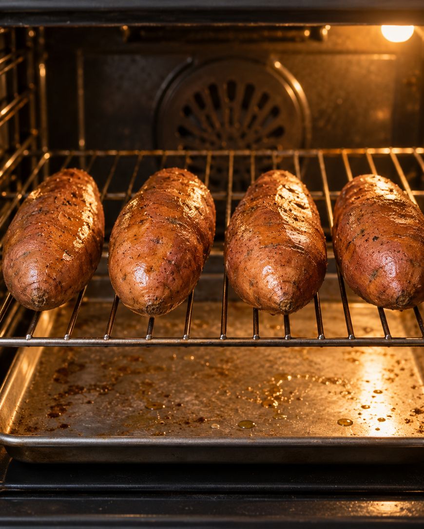 Four whole sweet potatoes are baking on an oven rack, with a baking sheet below them catching drips. The sweet potatoes appear seasoned and are roasting under the oven light.