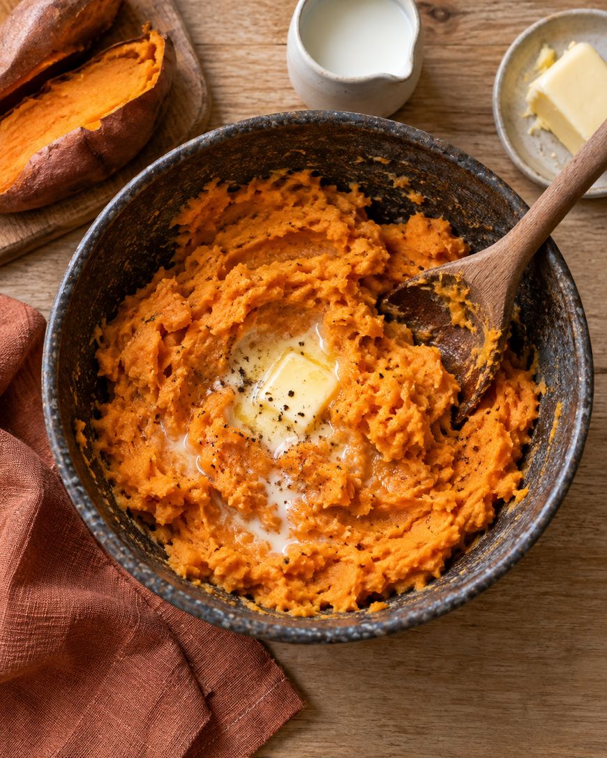 A bowl of mashed sweet potatoes with a pat of butter melting in the center, next to a napkin, a halved baked sweet potato, a small pitcher of milk, and a dish of butter on a wooden table.