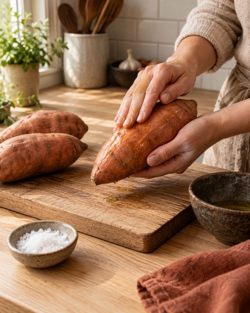 A person rubs oil on a sweet potato over a wooden cutting board, with more sweet potatoes, a bowl of salt, a bowl of oil, and kitchen utensils visible on the counter.