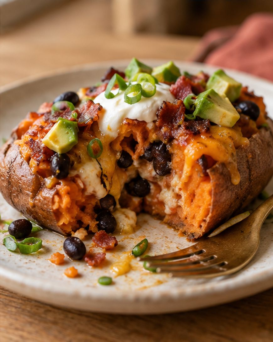A baked sweet potato topped with melted cheese, black beans, avocado, sour cream, bacon bits, and sliced green onions sits on a plate with a fork.