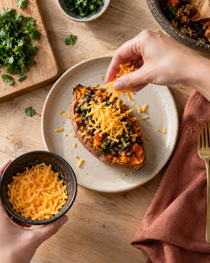 A person sprinkles shredded cheddar cheese onto a stuffed baked sweet potato on a plate. A bowl of cheese, chopped herbs, and a fork with a brown napkin are visible on a wooden table.