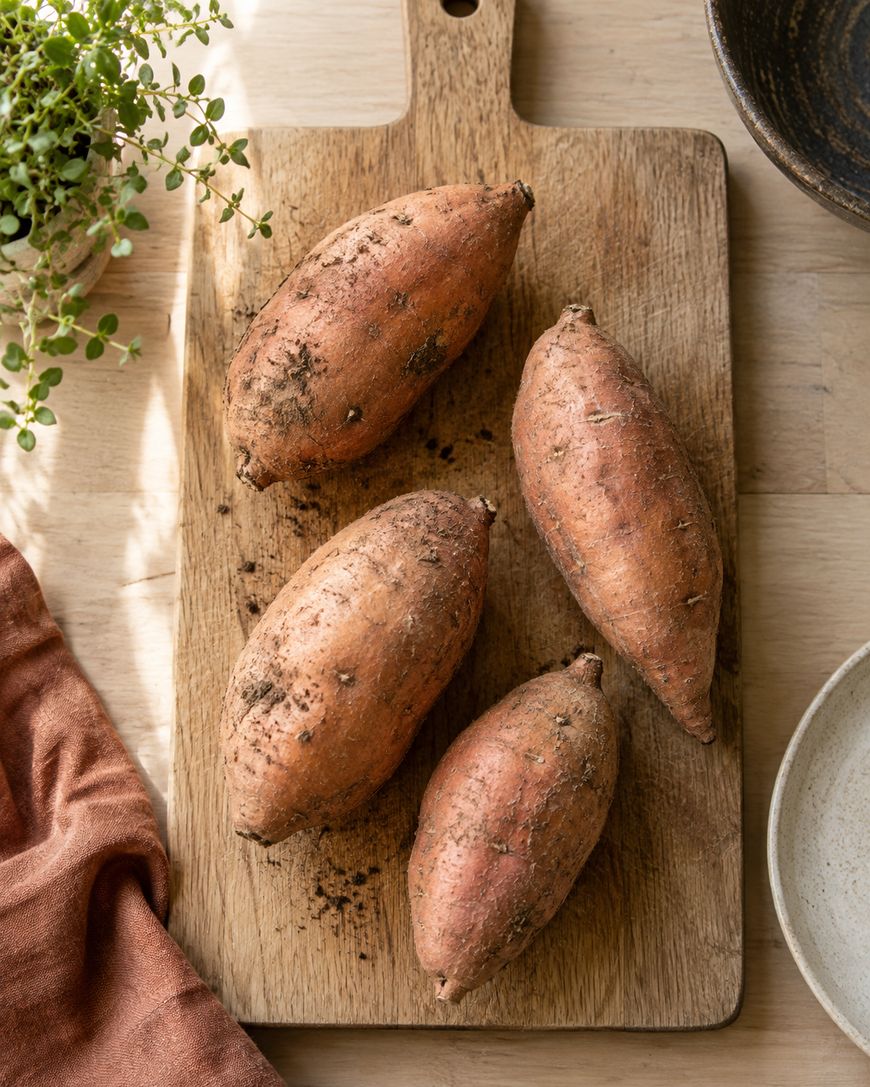 Four unwashed sweet potatoes with dirt on their skins rest on a wooden cutting board, surrounded by a plant, a brown cloth, and two ceramic dishes.