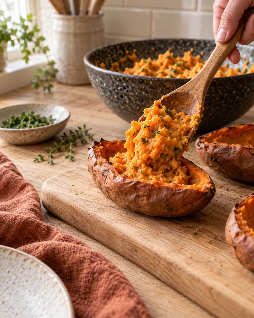 A hand fills a baked sweet potato skin with mashed sweet potato using a wooden spoon. Fresh herbs and a bowl of mash are in the background on a rustic wooden countertop.