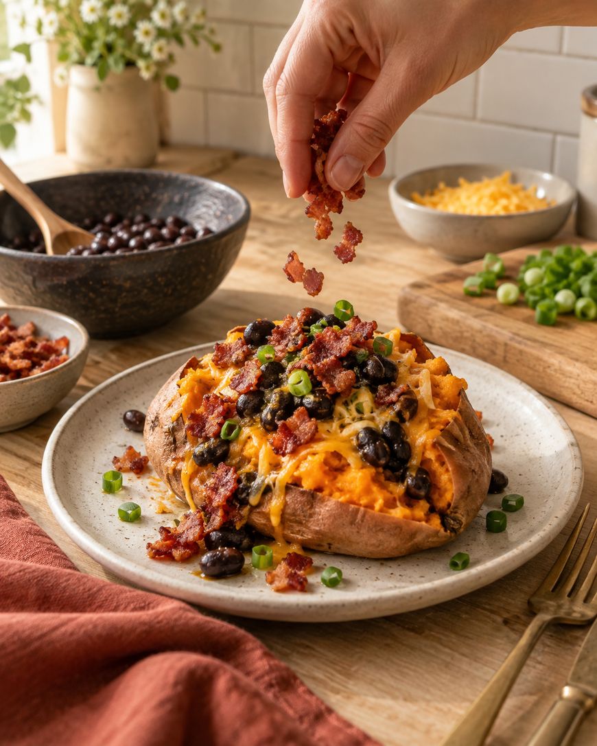A hand sprinkles bacon bits onto a baked sweet potato topped with black beans, cheese, and green onions. Other toppings and a bowl of beans are in the background on a wooden table.