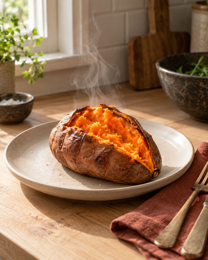 A steaming baked sweet potato sits split open on a plate, on a wooden kitchen counter with a fork and knife nearby. Warm sunlight streams in from a window, illuminating fresh greens in the background.