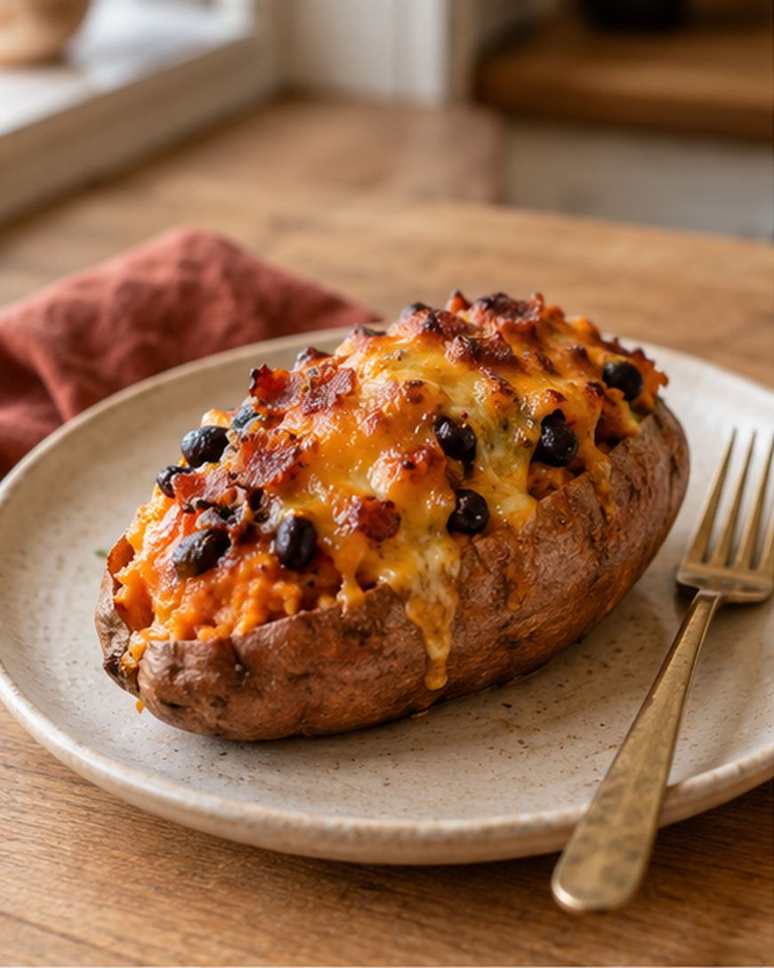 A baked potato topped with melted cheese, black beans, and crispy bacon sits on a speckled plate next to a gold fork on a wooden table.