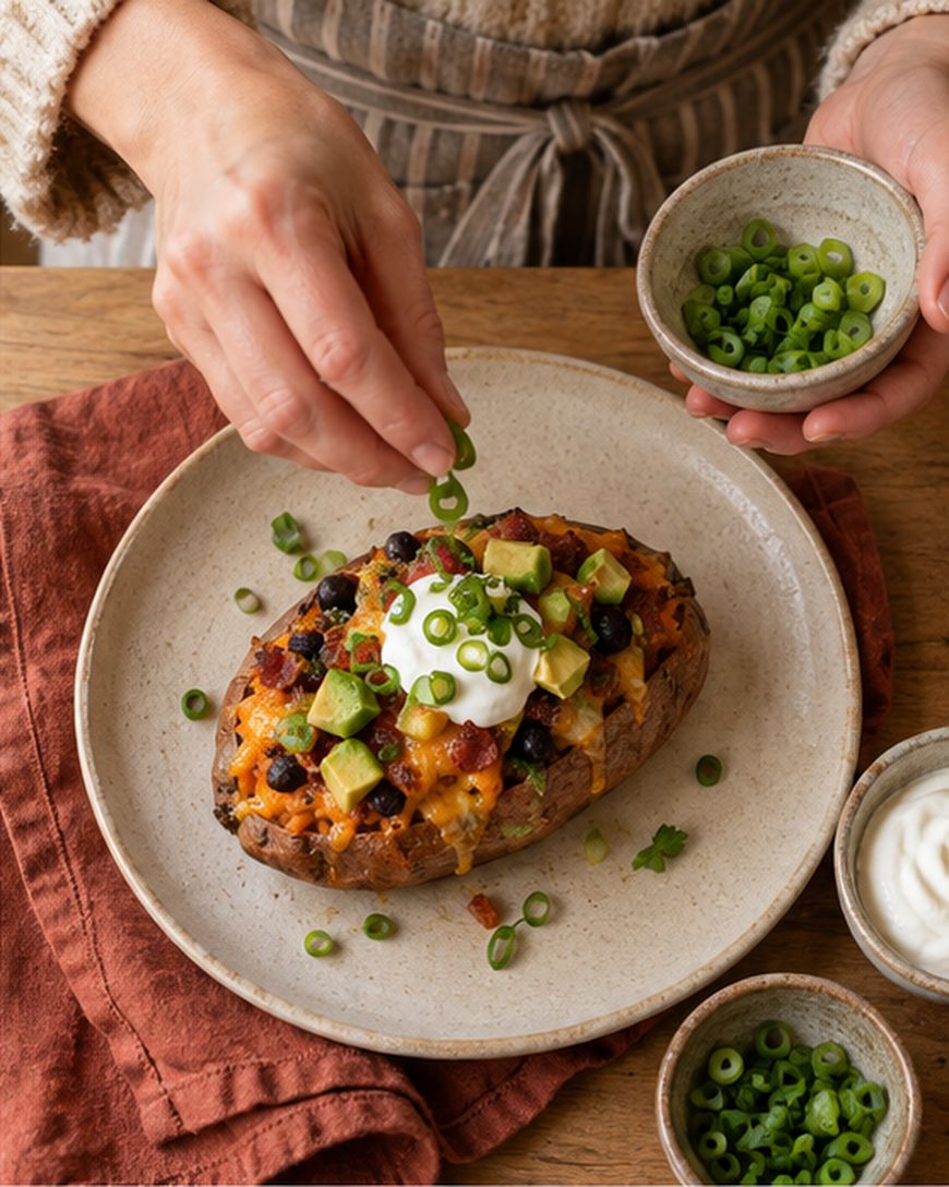 A person sprinkles sliced green onions onto a baked potato topped with sour cream, avocado, cheese, and black beans, on a plate with a red napkin.