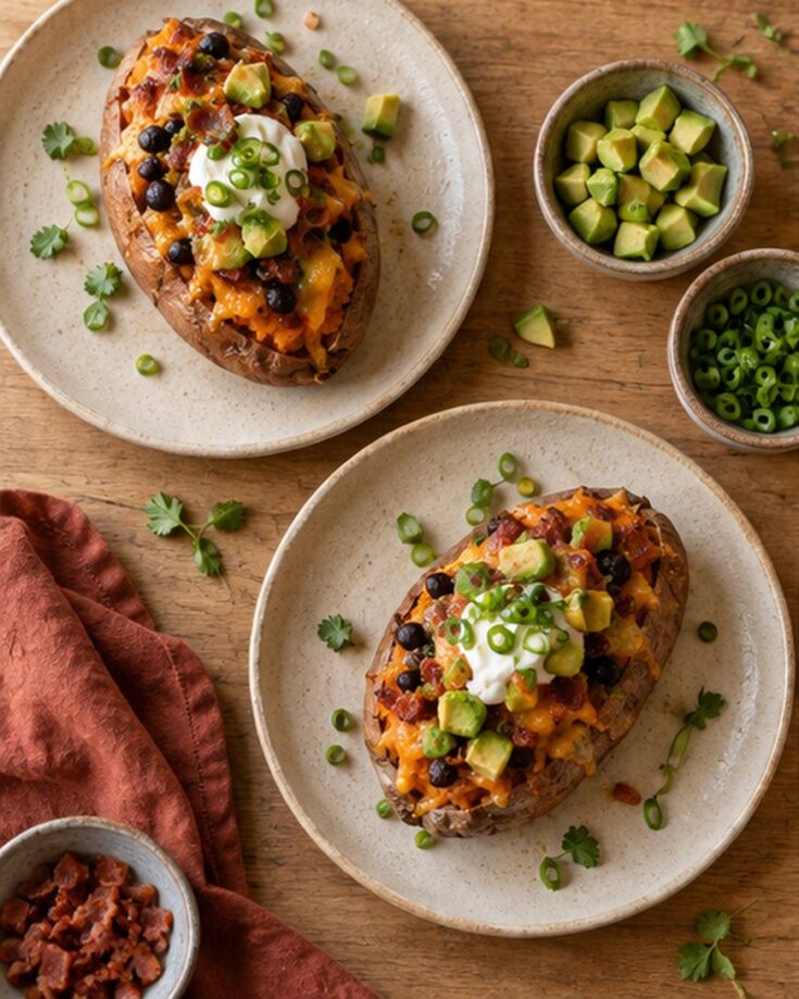Two baked potatoes topped with cheese, black beans, avocado, sour cream, and green onions on plates. Small bowls of diced avocado, green onions, and bacon bits are nearby, with cilantro scattered around.
