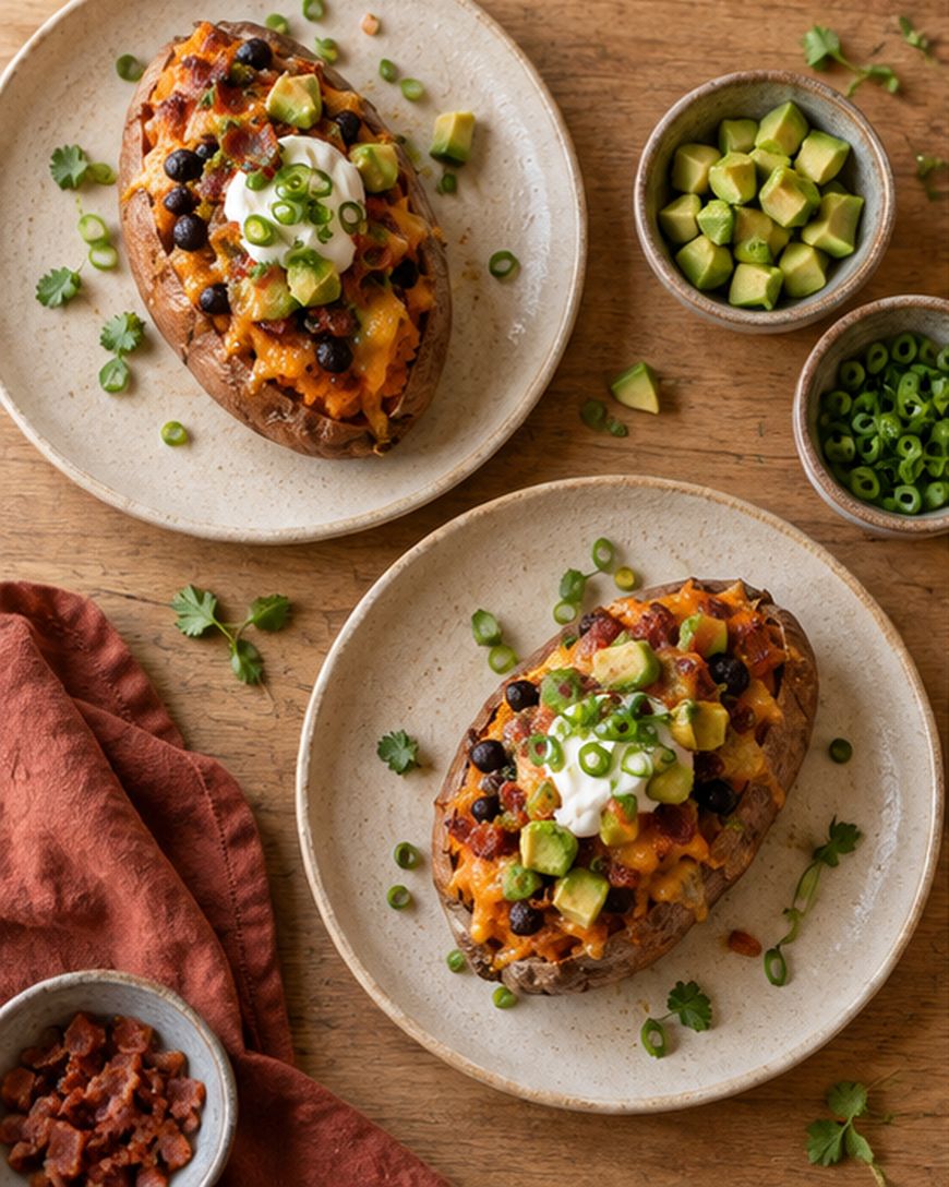 Two baked potatoes topped with cheese, black beans, avocado, sour cream, and green onions on plates. Small bowls of diced avocado, green onions, and bacon bits are nearby, with cilantro scattered around.