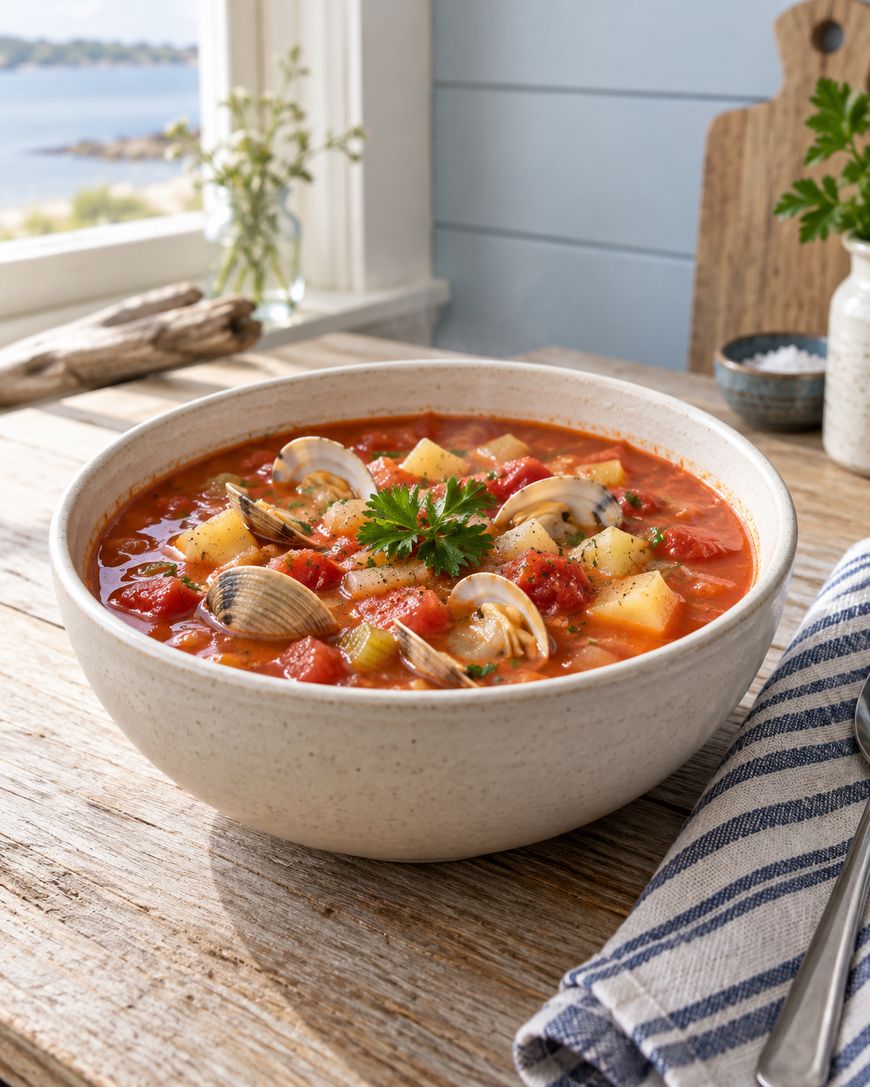 A bowl of tomato-based clam chowder with clams, potatoes, and herbs sits on a wooden table next to a striped napkin, with a seaside view in the background.