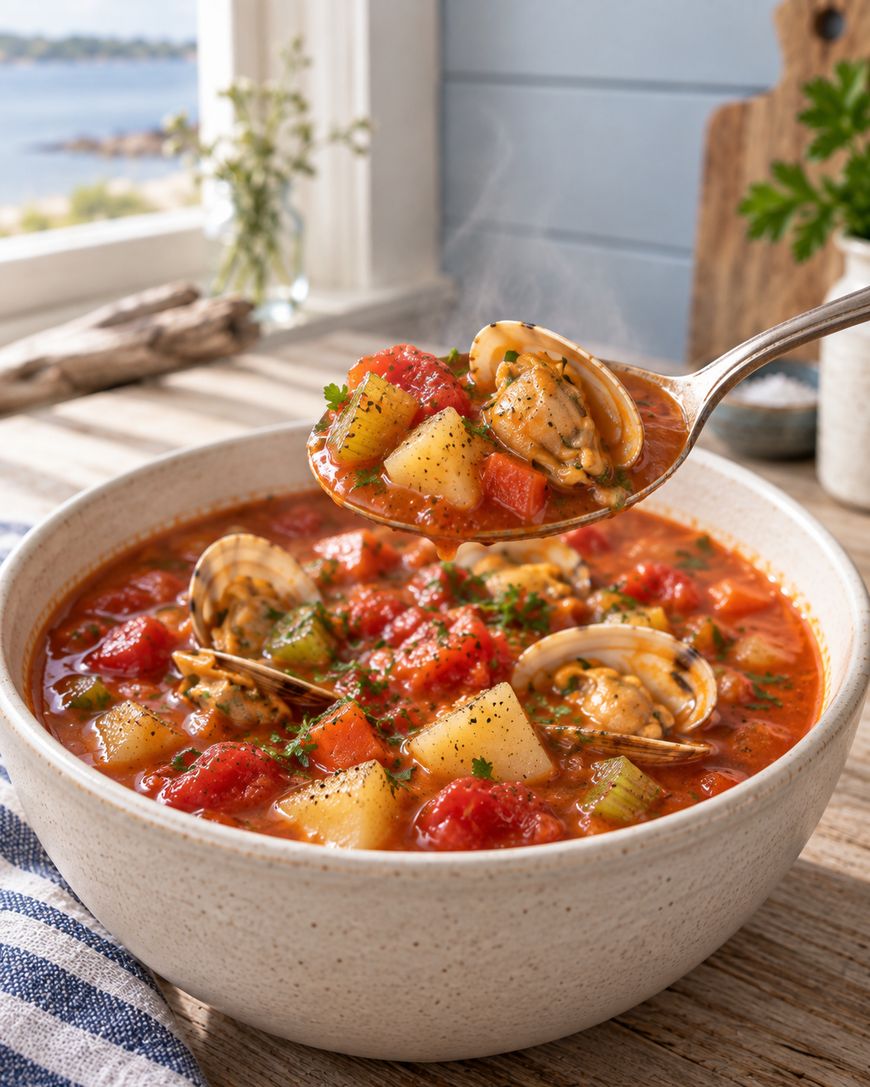A steaming bowl of clam chowder with clams, potatoes, tomatoes, and herbs sits on a wooden table. A spoon lifts a portion of soup. A window with a coastal view and fresh herbs is in the background.