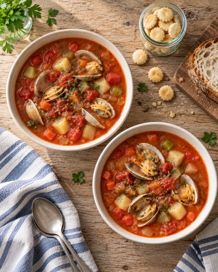 Two bowls of clam chowder with potatoes, tomatoes, and clams on a wooden table, served with sliced bread, oyster crackers in a jar, parsley garnish, a striped napkin, and two spoons.