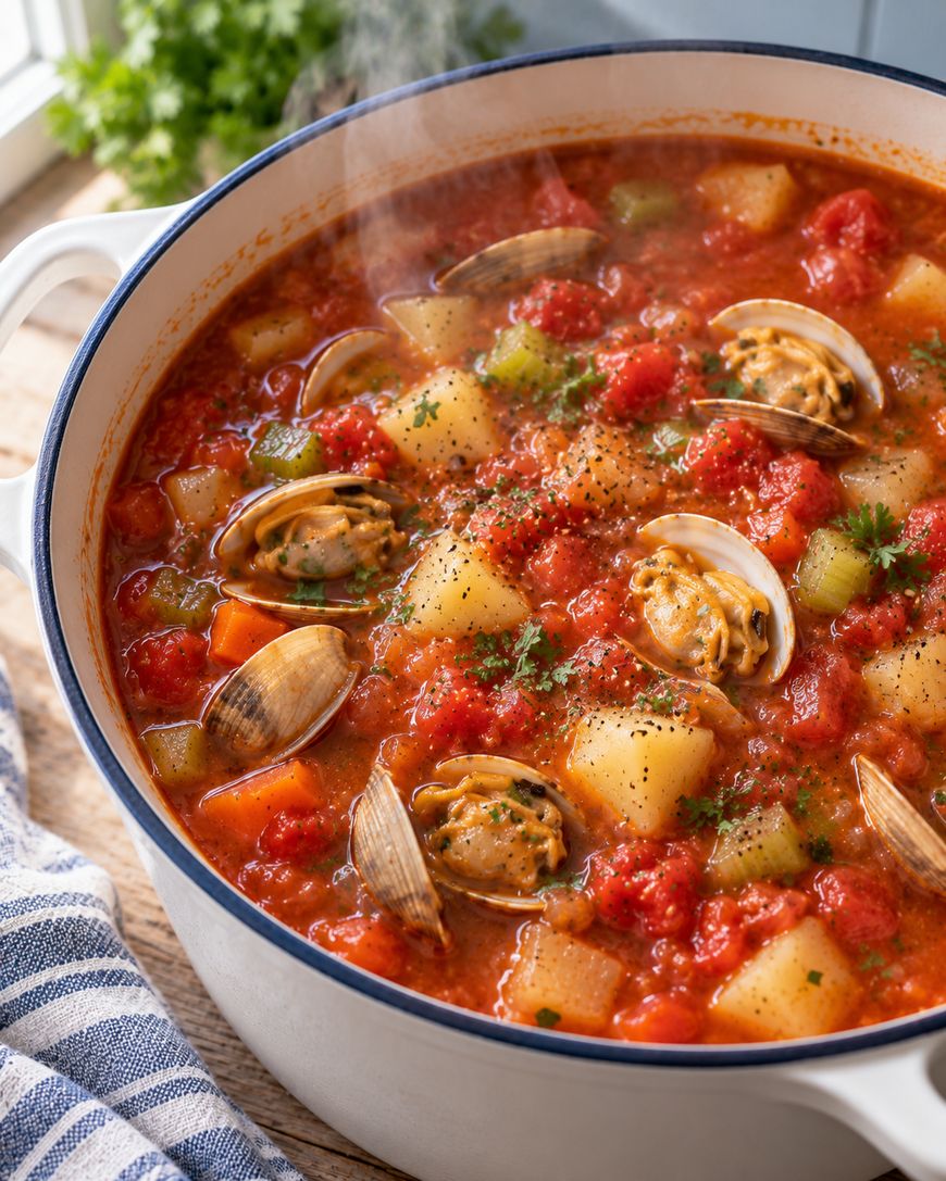A pot of Manhattan clam chowder with clams, diced potatoes, tomatoes, and herbs in a red broth, steaming hot on a table near a window.